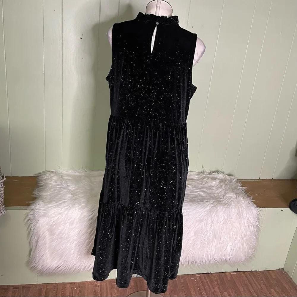 J. CREW Glitter Velvet Tiered Midi Holiday Dress Black Gold Size 12